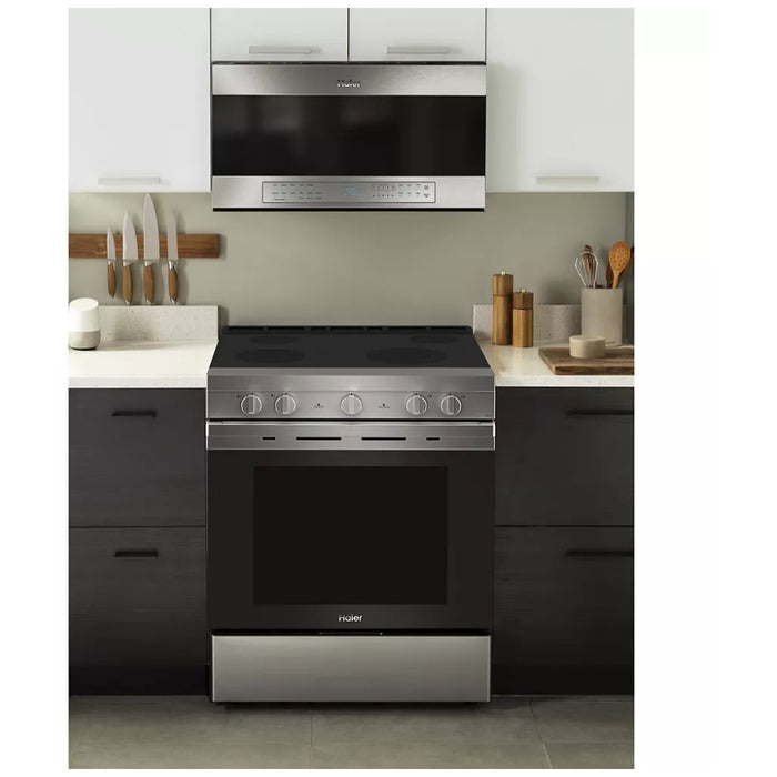 CLEARANCE OUT OF BOX  Haier QCSS740RNSS Electric Range, 30 inch Exterior Width, Convection, 4 Burners, Storage Drawer, Manual Clean, Stainless Steel