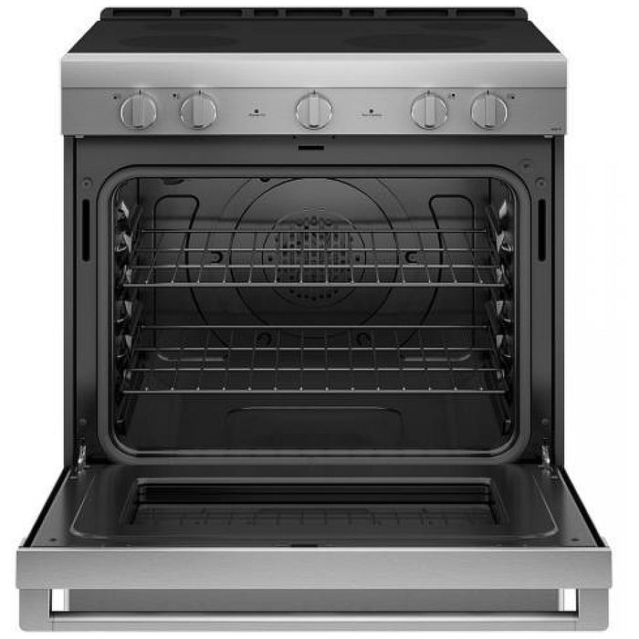 CLEARANCE OUT OF BOX  Haier QCSS740RNSS Electric Range, 30 inch Exterior Width, Convection, 4 Burners, Storage Drawer, Manual Clean, Stainless Steel