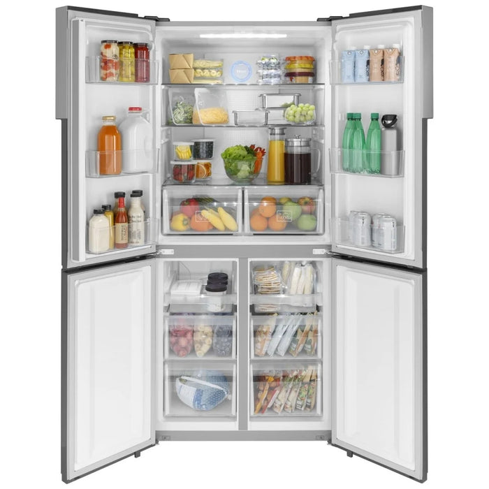 CLEARANCE Haier QHE16HYPES French Door Refrigerator, 33 inch Width, 16.8 cu. ft. Capacity, Counter Depth, Optional Ice Maker (Special Order), ENERGY STAR Certified, Stainless Steel colour Digital Thermostat, Quad Door, Humidity Control