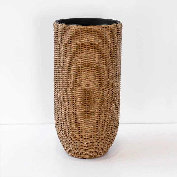 Rolland XL Rattan Planter in Light Brown, measuring 35.4 inches.