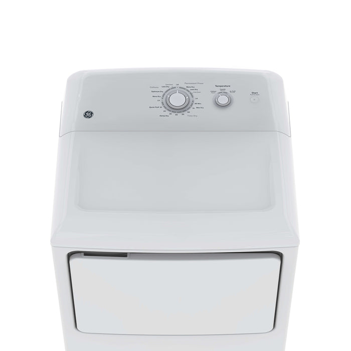 GE 6.2 Cu Ft. Capacity Duradrum Electric Dryer in White with model number GTD32EBMPWW.