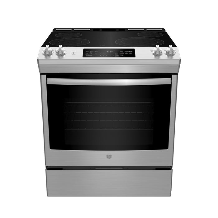 GE 30" Electric Slide-in Front Control Fan Convection Range With Storage Drawer Stainless Steel - JCS830SMSS