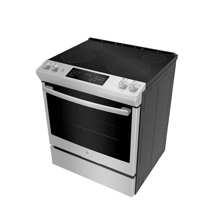 GE 30" Electric Slide-in Front Control Fan Convection Range With Storage Drawer Stainless Steel - JCS830SMSS