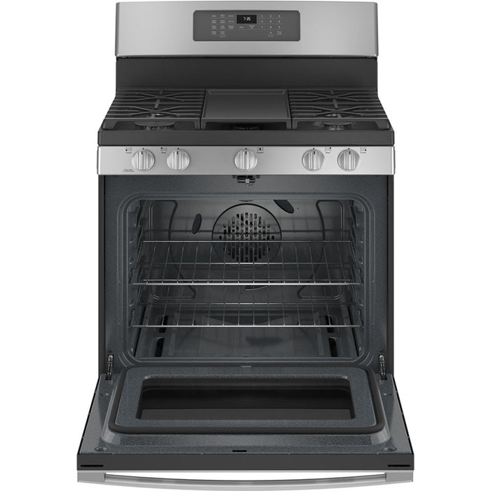 GE 30 inches gas convection range with no preheat air fry in stainless steel - model JCGB735SPSS.