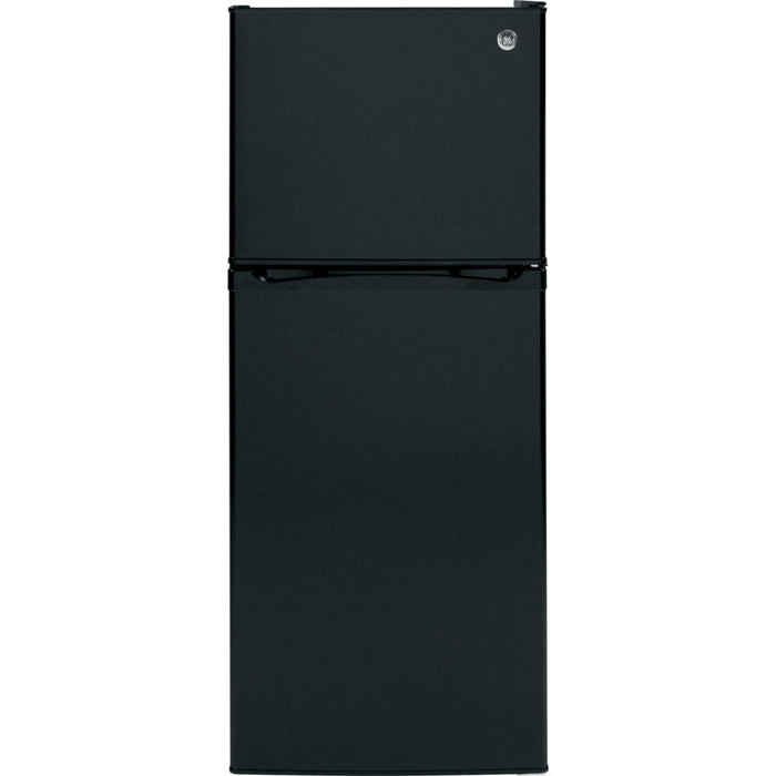 GE 11.55 Cu.ft. Top Freezer Refrigerator in Black with model number GPE12FGKBB.