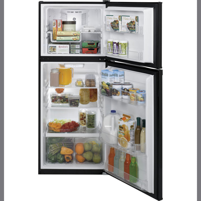 GE 11.55 Cu.ft. Top Freezer Refrigerator in Black with model number GPE12FGKBB.