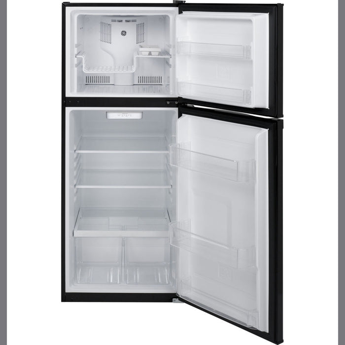 GE 11.55 Cu.ft. Top Freezer Refrigerator in Black finish with model number GPE12FGKBB.