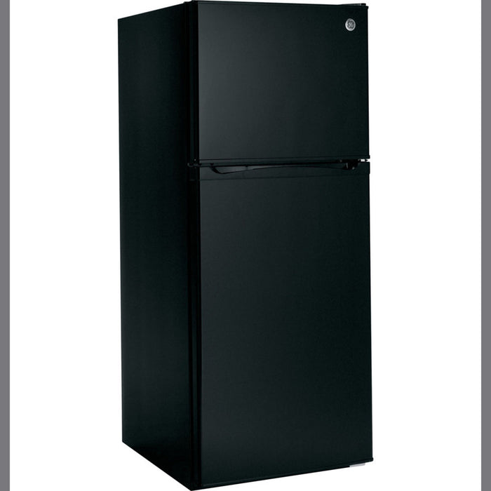 GE 11.55 Cu.ft. Top Freezer Refrigerator in Black with model number GPE12FGKBB.