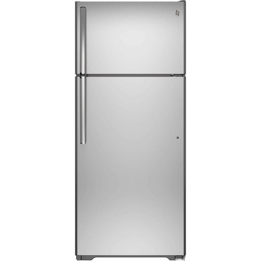 GE Refrigerator GTE18FSLKSS - Stainless steel finish refrigerator with top freezer compartment.