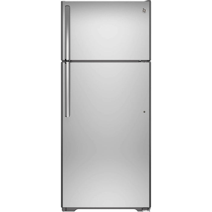 GE Refrigerator GTE18FSLKSS - Stainless steel finish refrigerator with top freezer compartment.